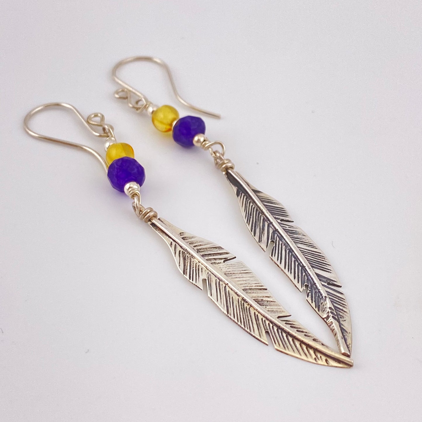 HANG Amber Earrings 950 Silver w Leaf Amber Amethyst