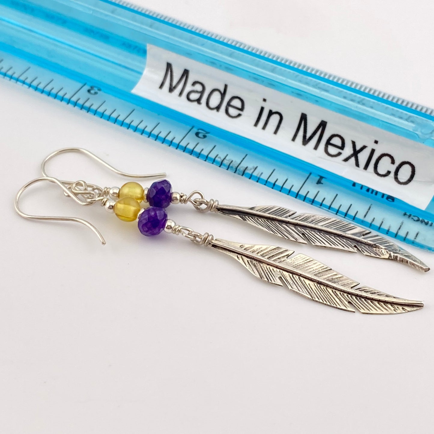 HANG Amber Earrings 950 Silver w Leaf Amber Amethyst