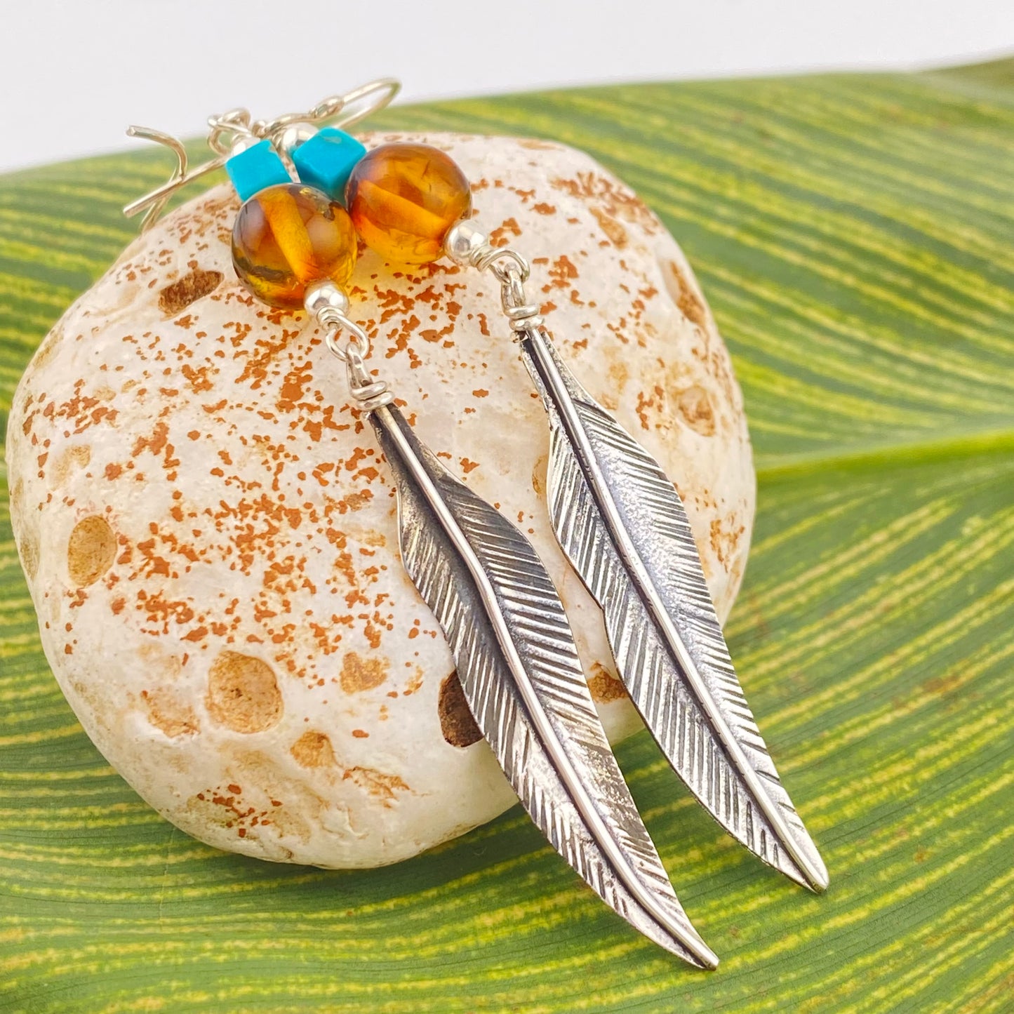 HANG Amber Earrings 950 Silver w Leaf Amber Turquoise
