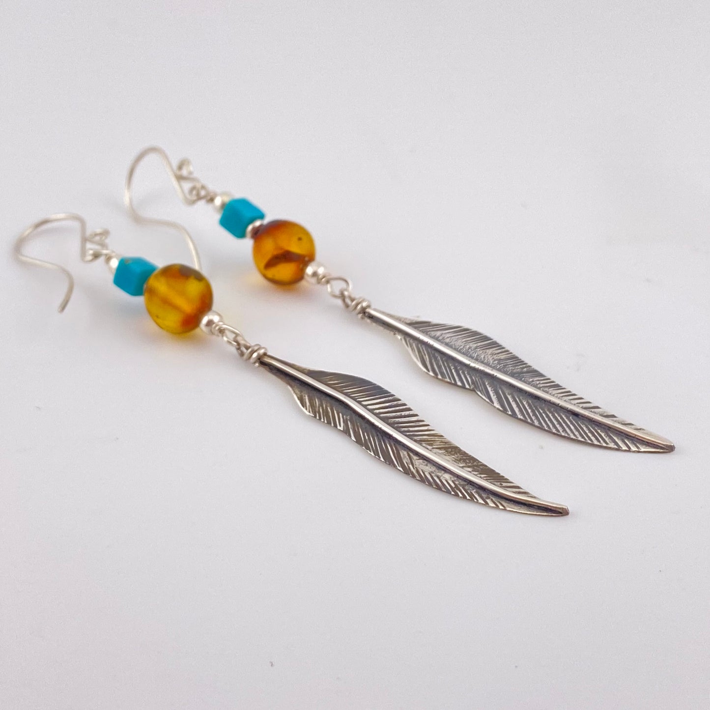 HANG Amber Earrings 950 Silver w Leaf Amber Turquoise