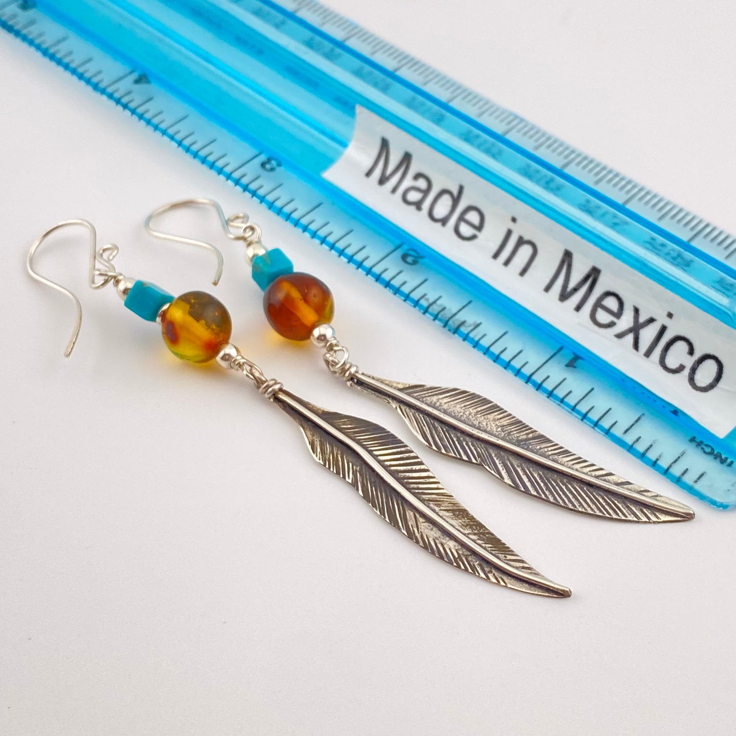 HANG Amber Earrings 950 Silver w Leaf Amber Turquoise
