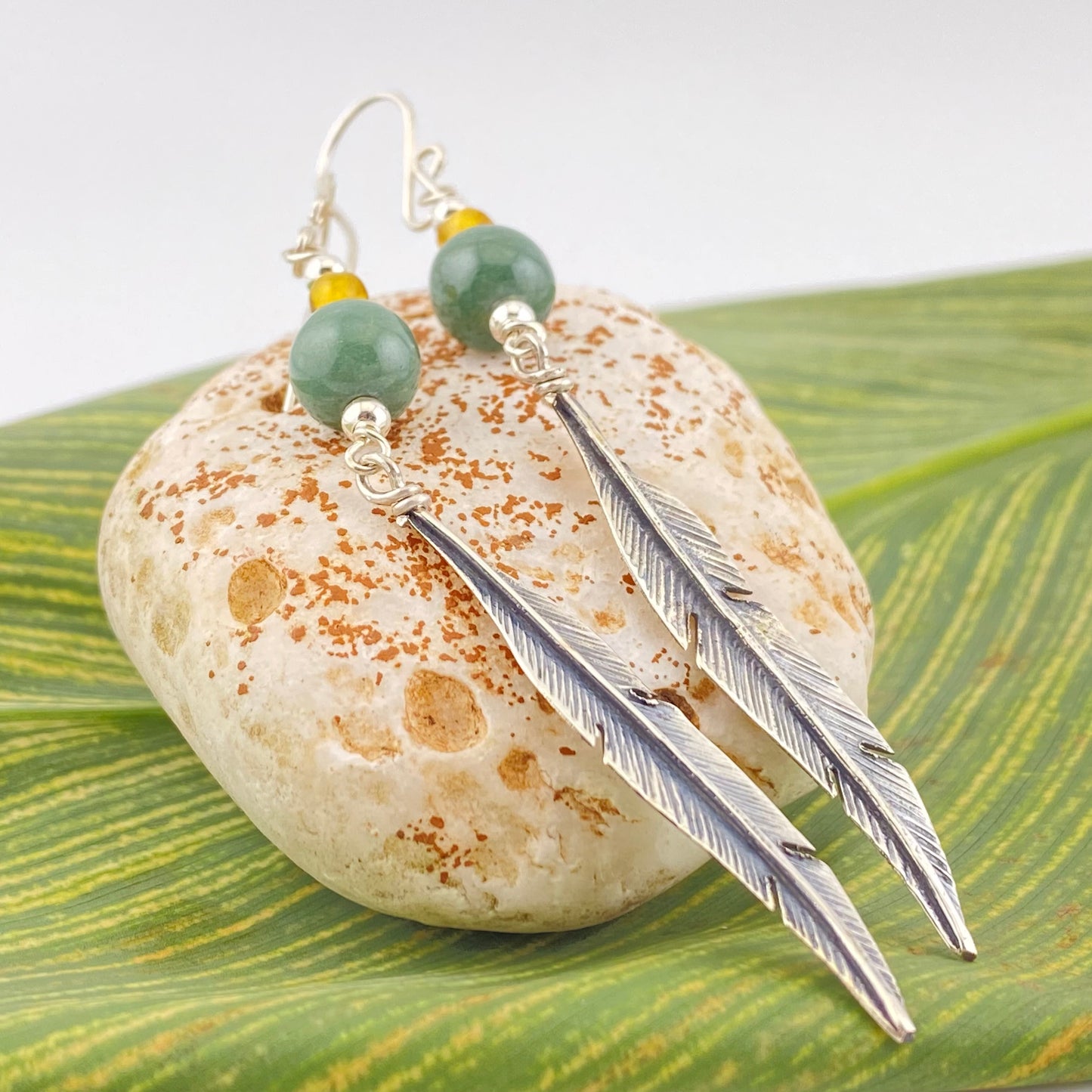 HANG Amber Earrings 950 Silver w Leaf Design Jade