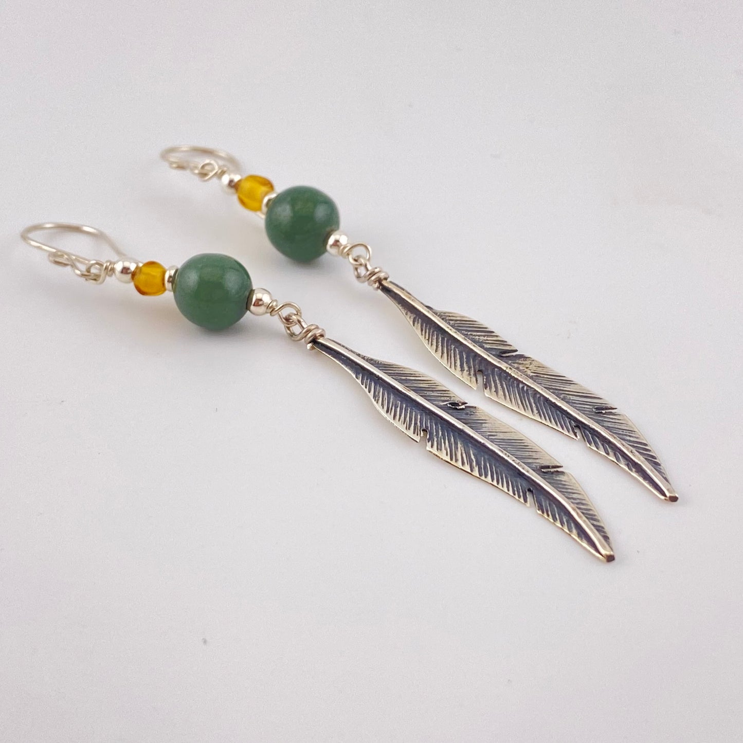 HANG Amber Earrings 950 Silver w Leaf Design Jade