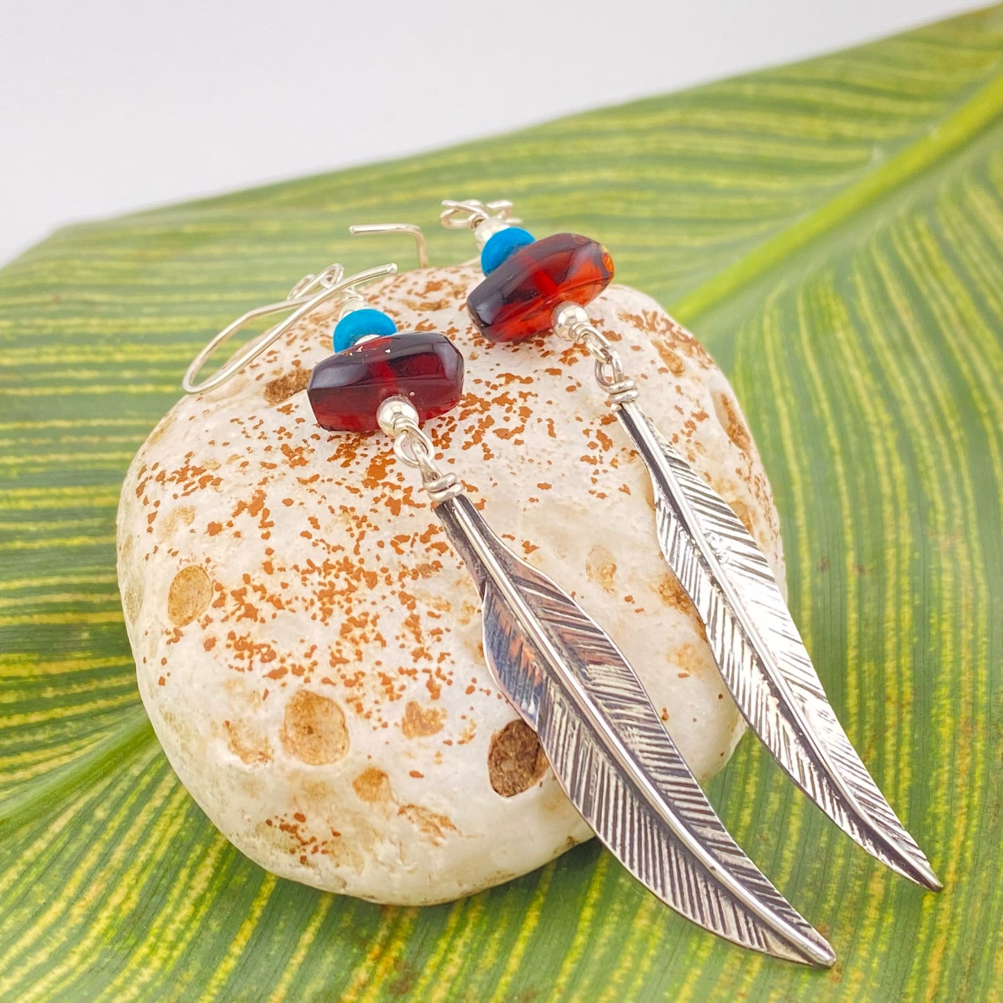HANG Amber Earrings 950 Silver w Leaf Design Amber Turquoise