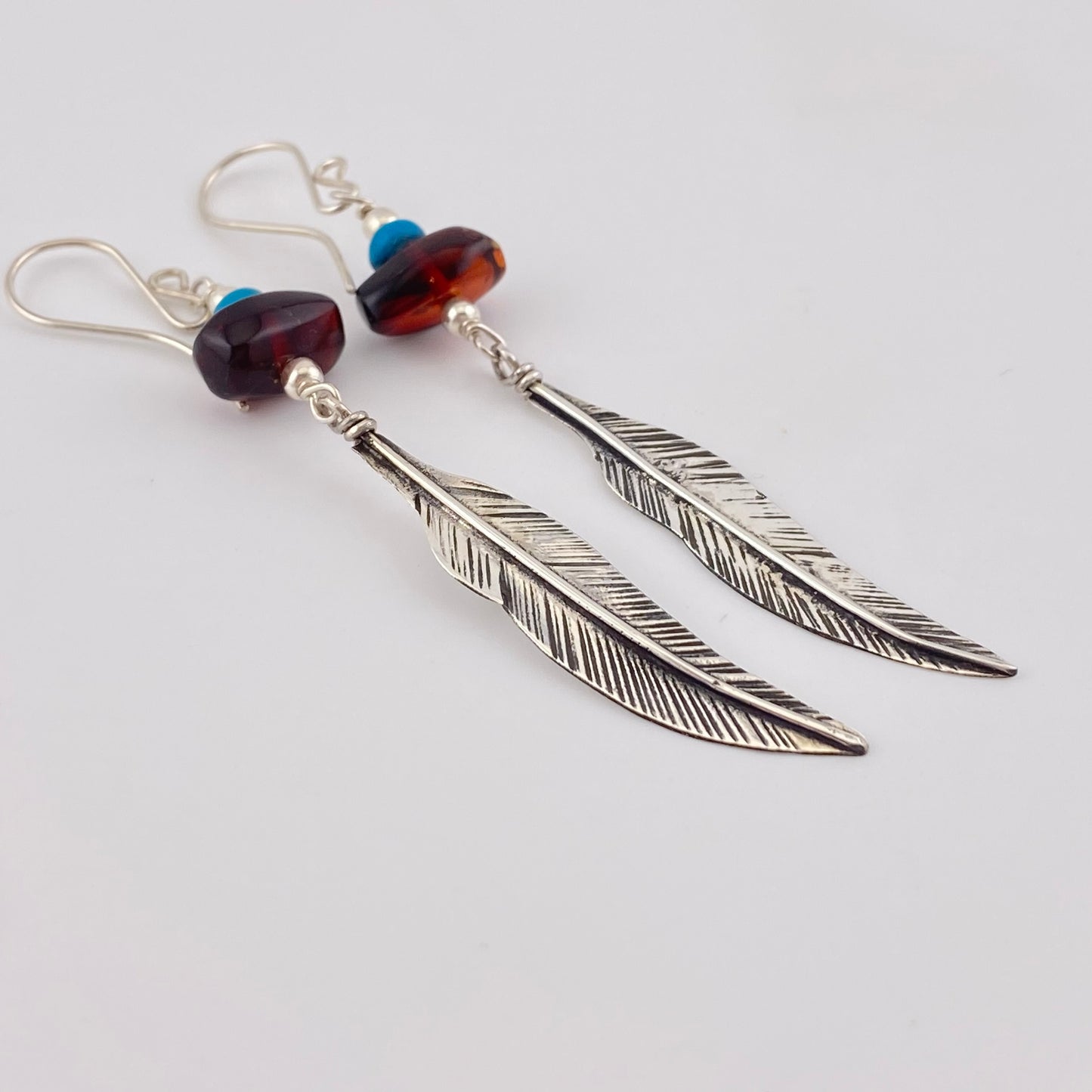 HANG Amber Earrings 950 Silver w Leaf Design Amber Turquoise