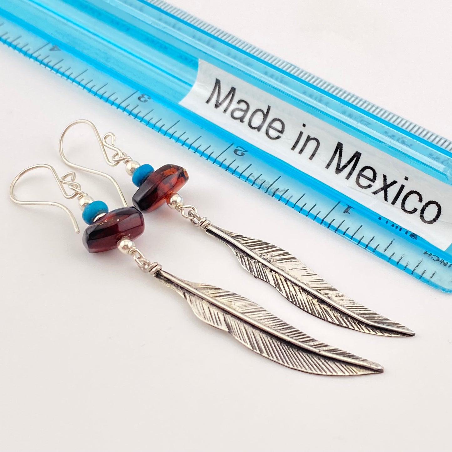 HANG Amber Earrings 950 Silver w Leaf Design Amber Turquoise