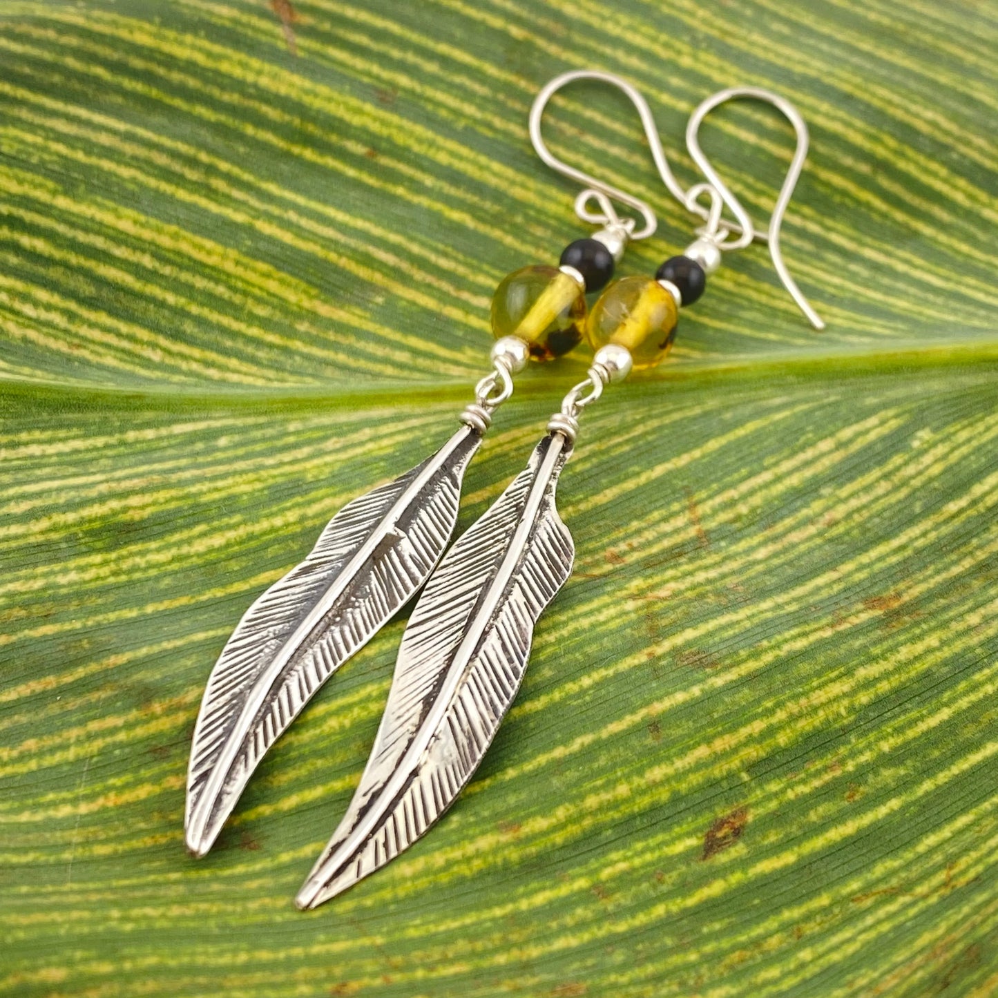 HANG Amber Earrings 950 Silver w Leaf Design Amber