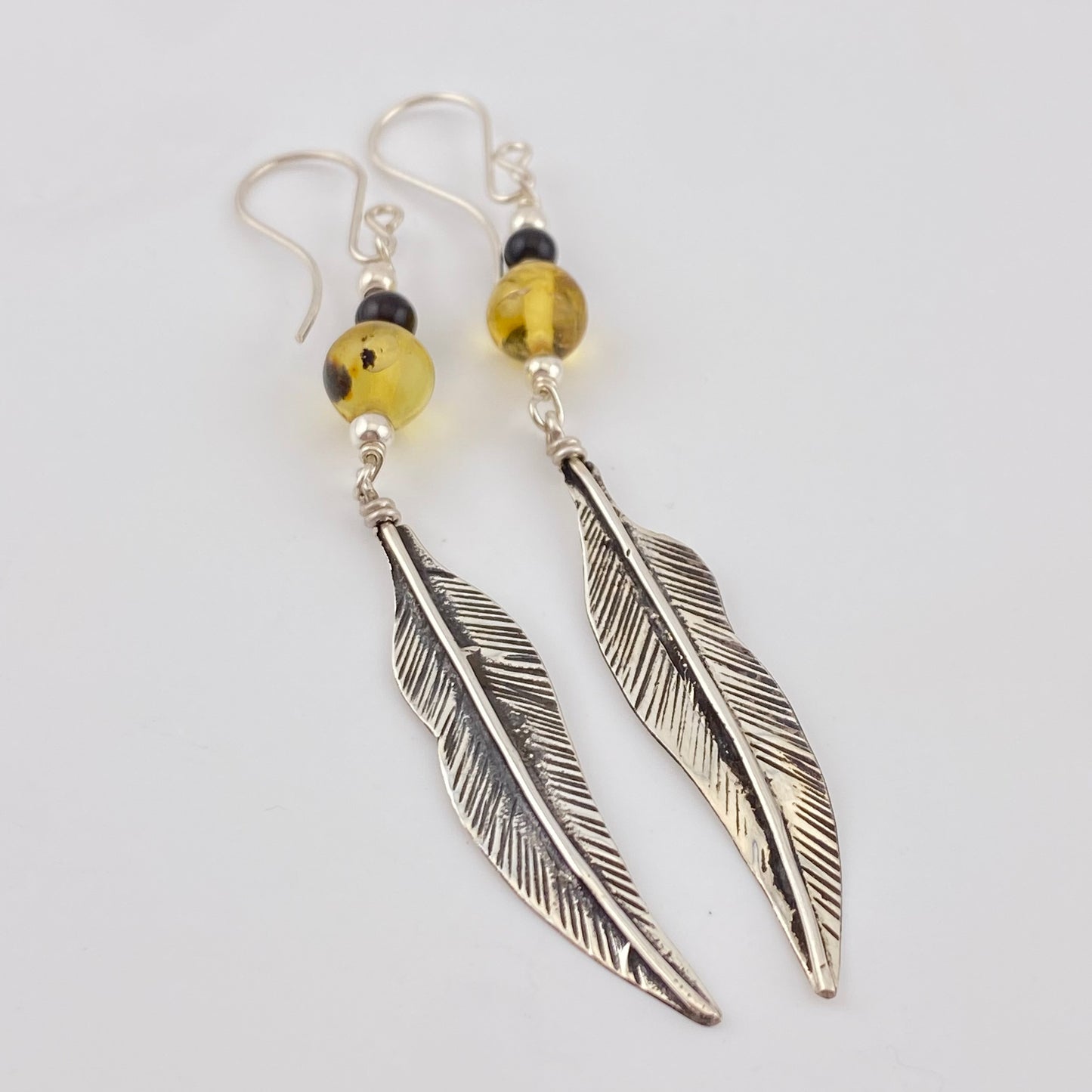 HANG Amber Earrings 950 Silver w Leaf Design Amber