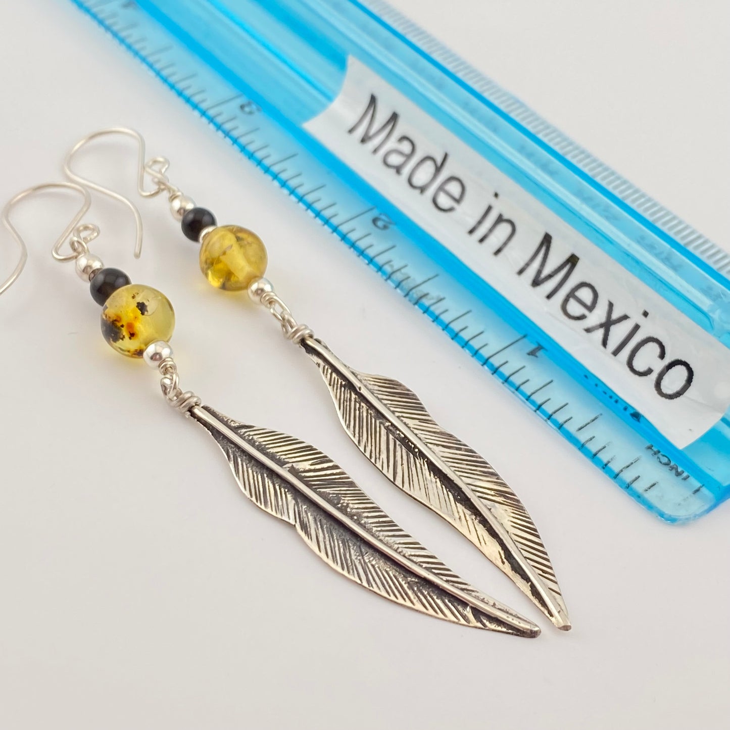 HANG Amber Earrings 950 Silver w Leaf Design Amber