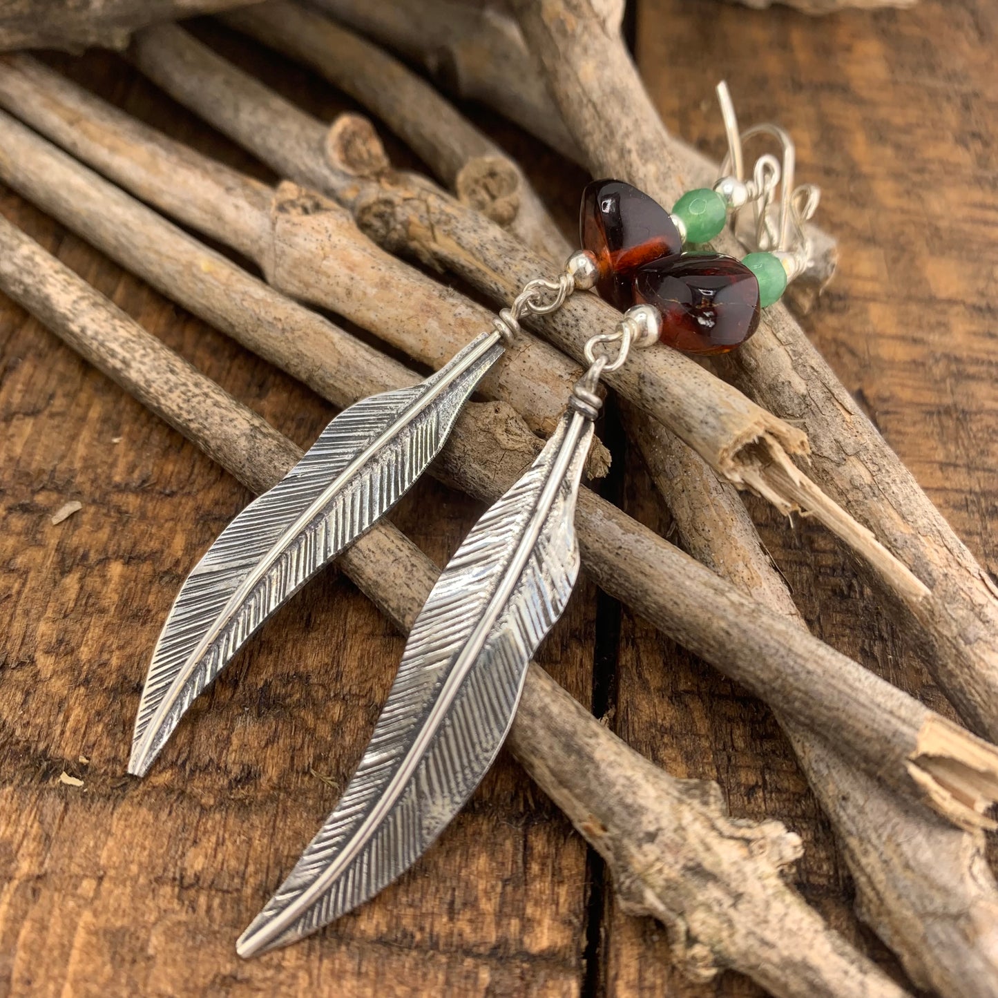 HANG Amber Earrings 950 Silver w Leaf Design Amber