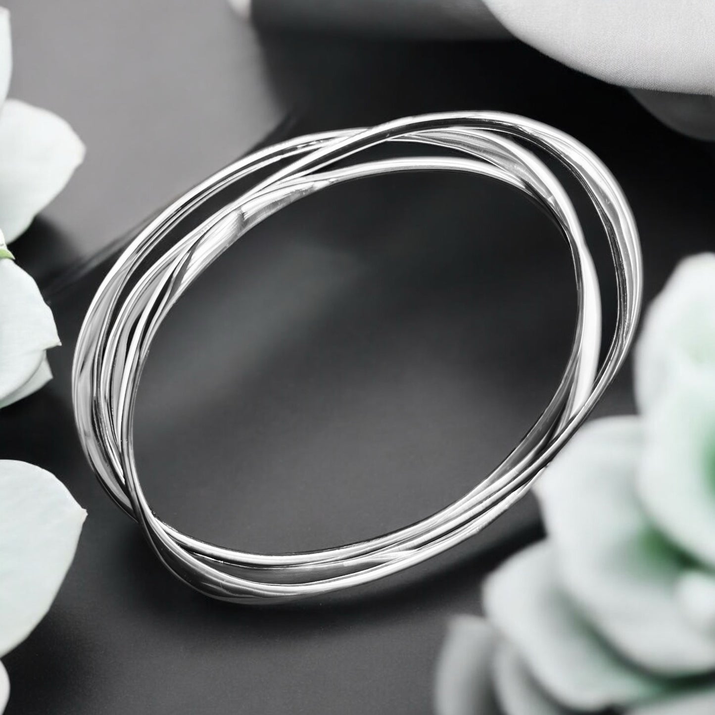 Sterling Silver .925 Bangle Bracelet Three oval flat interlocked Bracelet 75mm