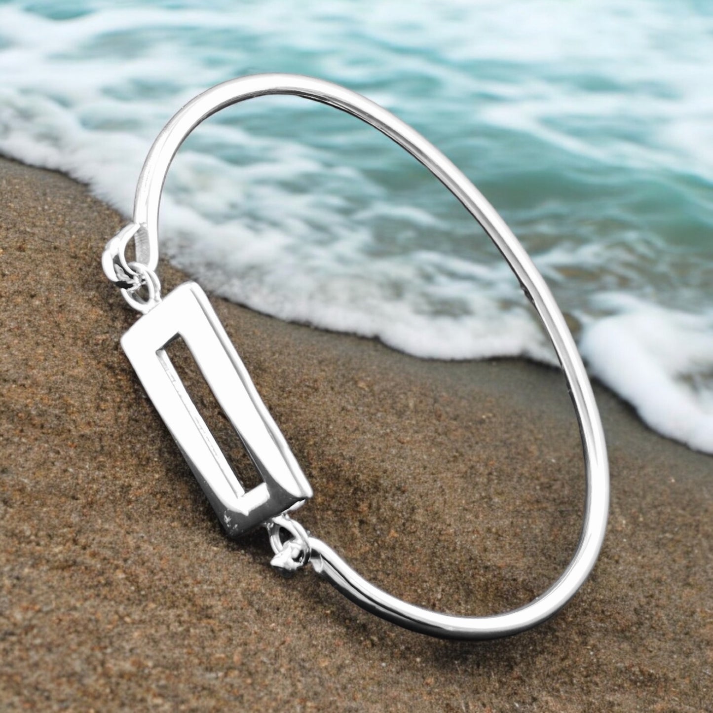 Sterling Silver .925 Bangle Bracelet 60mm Oval with Rectangular connector