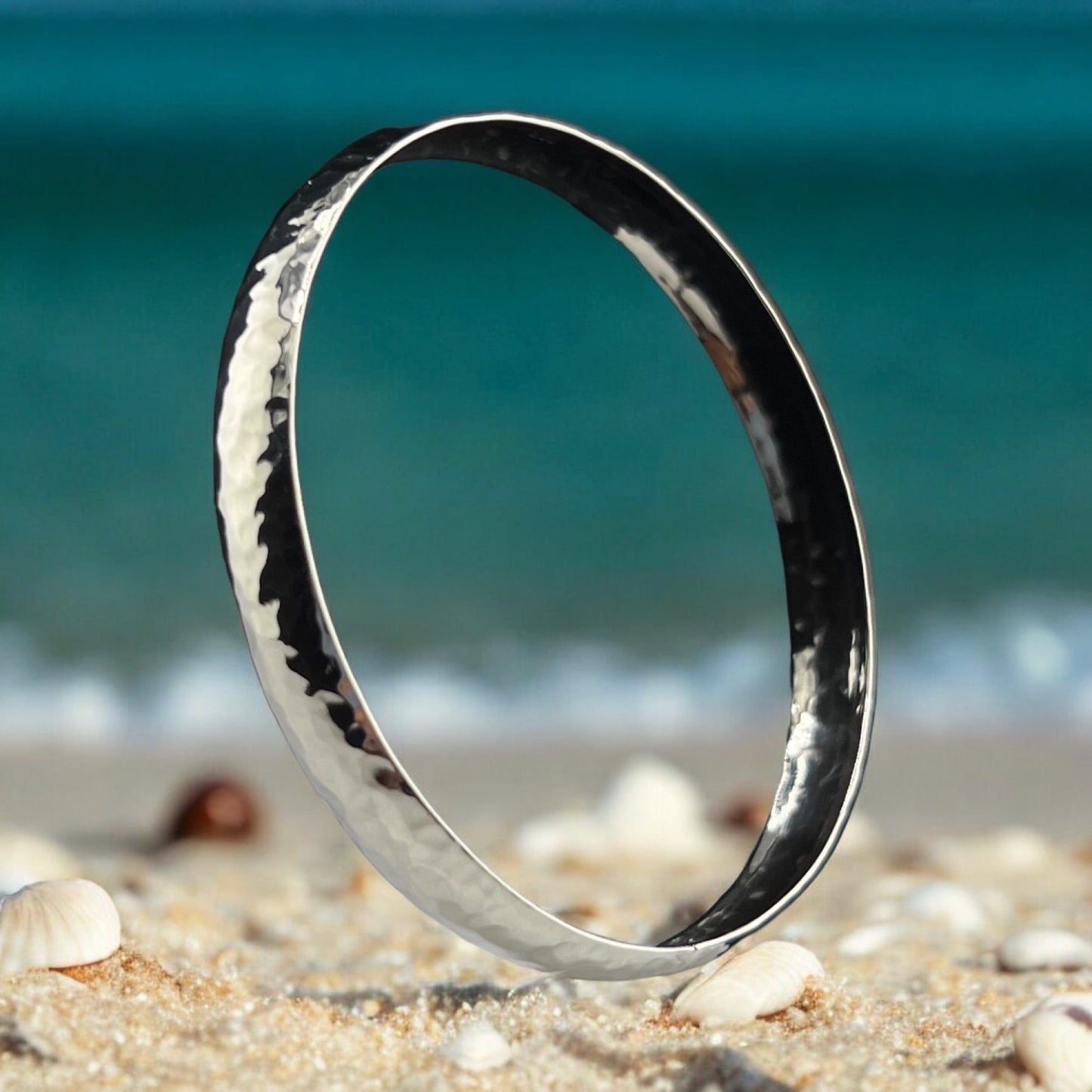 Sterling Silver .925 Bangle Bracelet 67mmx8mm Hammered Curved