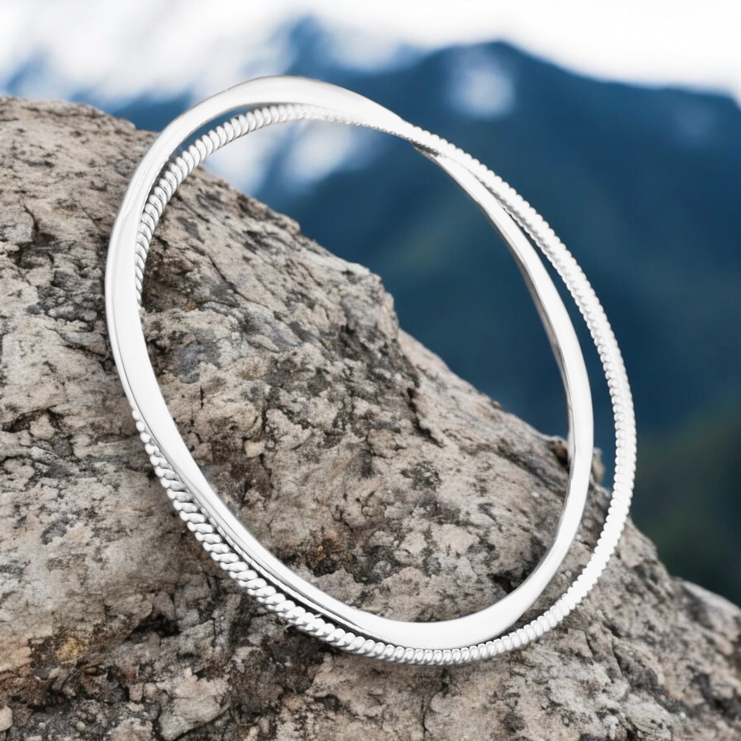 Sterling Silver .925 Bangle Bracelet 65mmx1mm Two Band smoothflat with rope