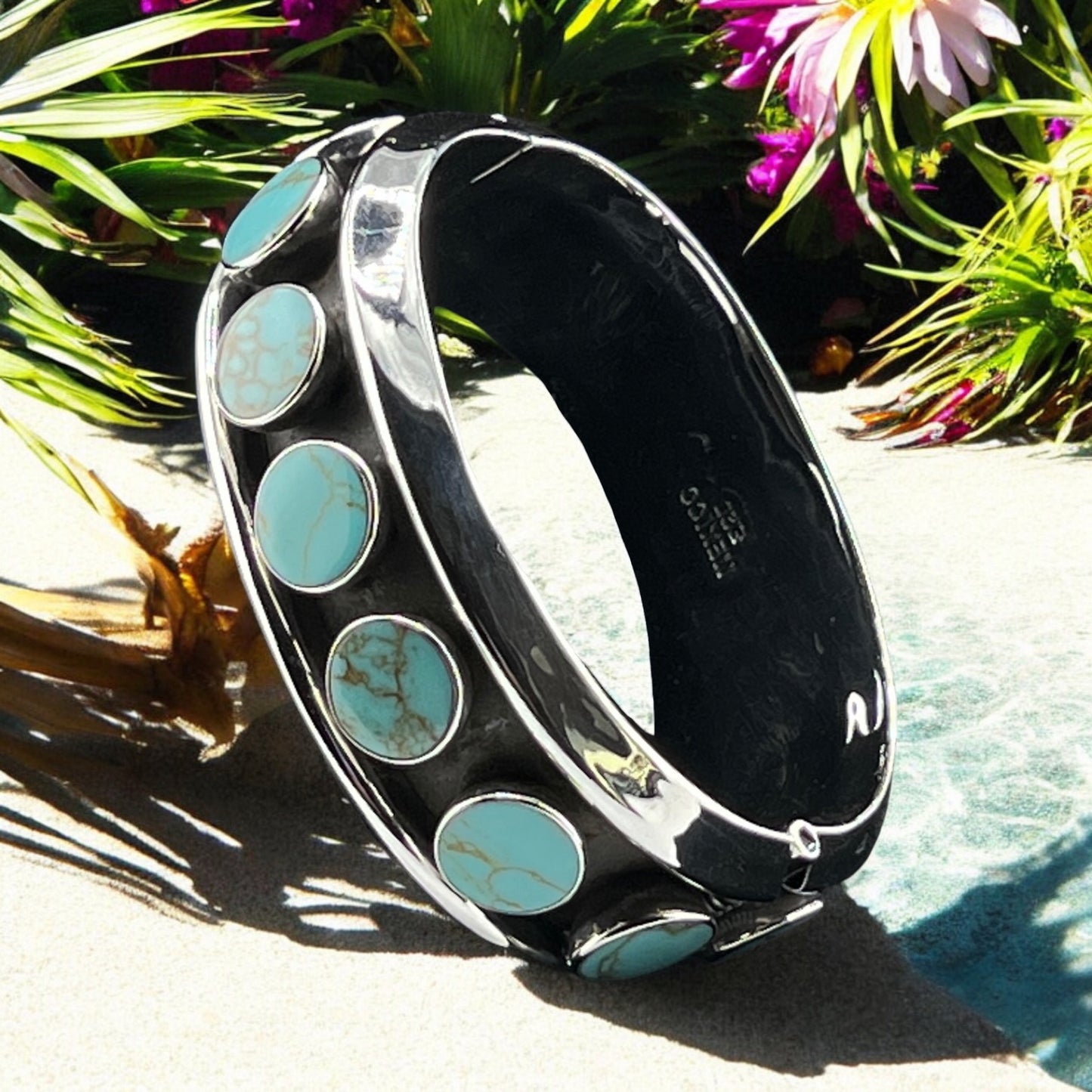 Sterling Silver .925 Bangle Bracelet 65mmx24mm Oval with Turquoise Accents