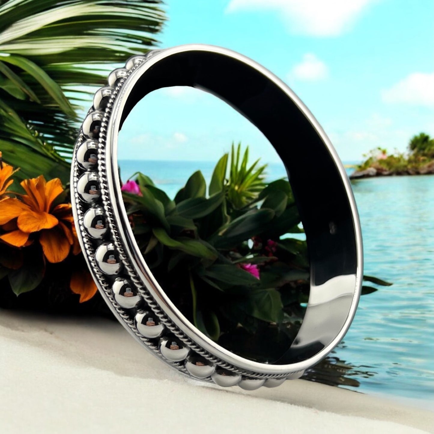 Sterling Silver .925 Bangle Bracelet 65mmx10mm Bolita with Small Braids