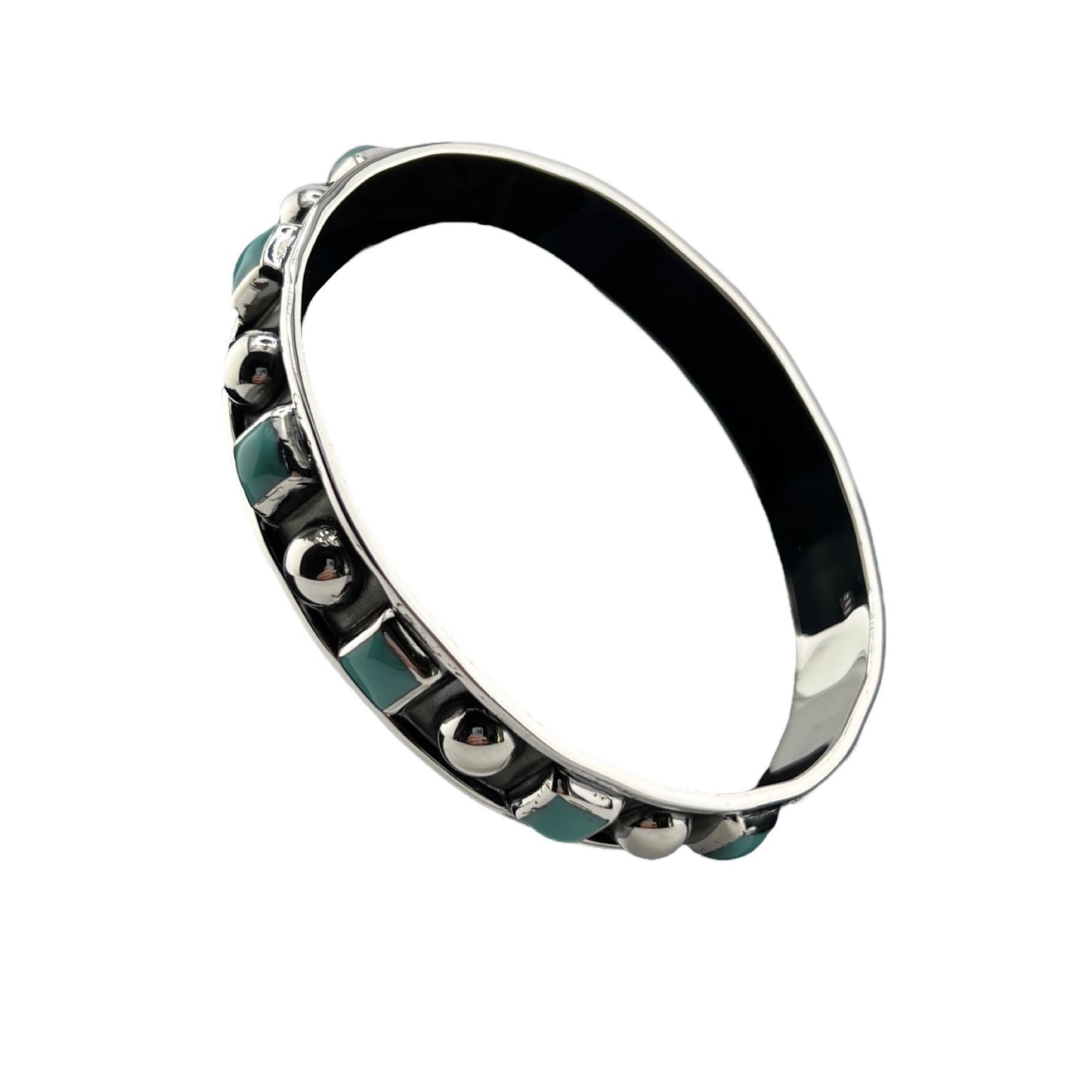 Sterling Silver .925 Bangle Bracelet 65mmx10mm Square Turquoise Round Silver Balls with Rustic back