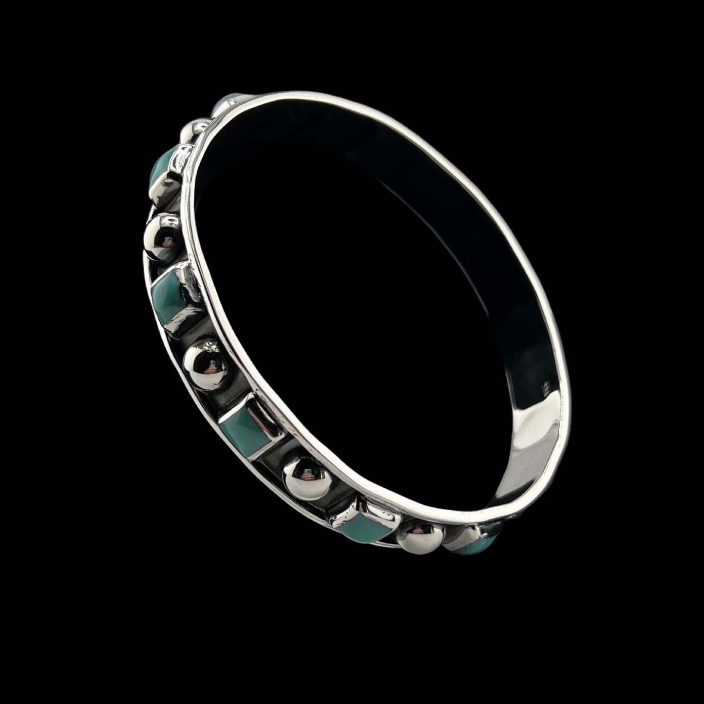 Sterling Silver .925 Bangle Bracelet 65mmx10mm Square Turquoise Round Silver Balls with Rustic back