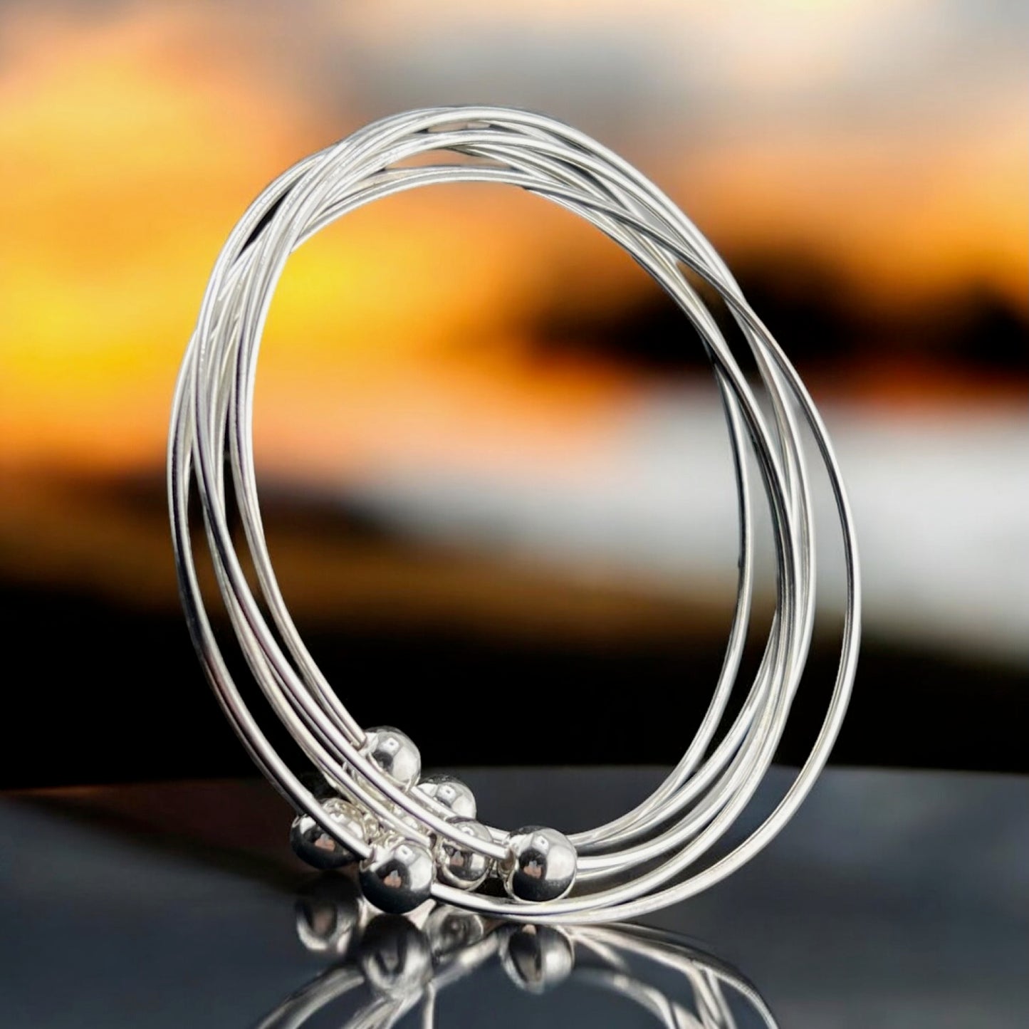 Sterling Silver .925 Bangle Bracelet 70mmx10mm 7 strand with Balls