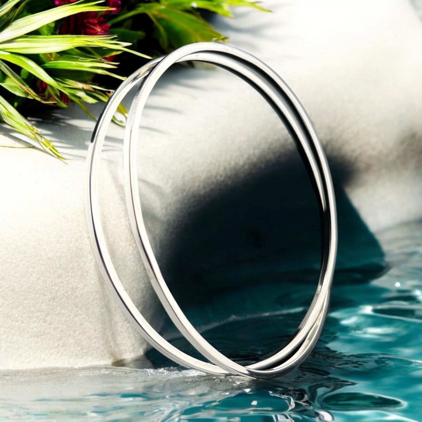 Sterling Silver .925 Bangle Bracelet 68mmx8mm 2Strand Square element