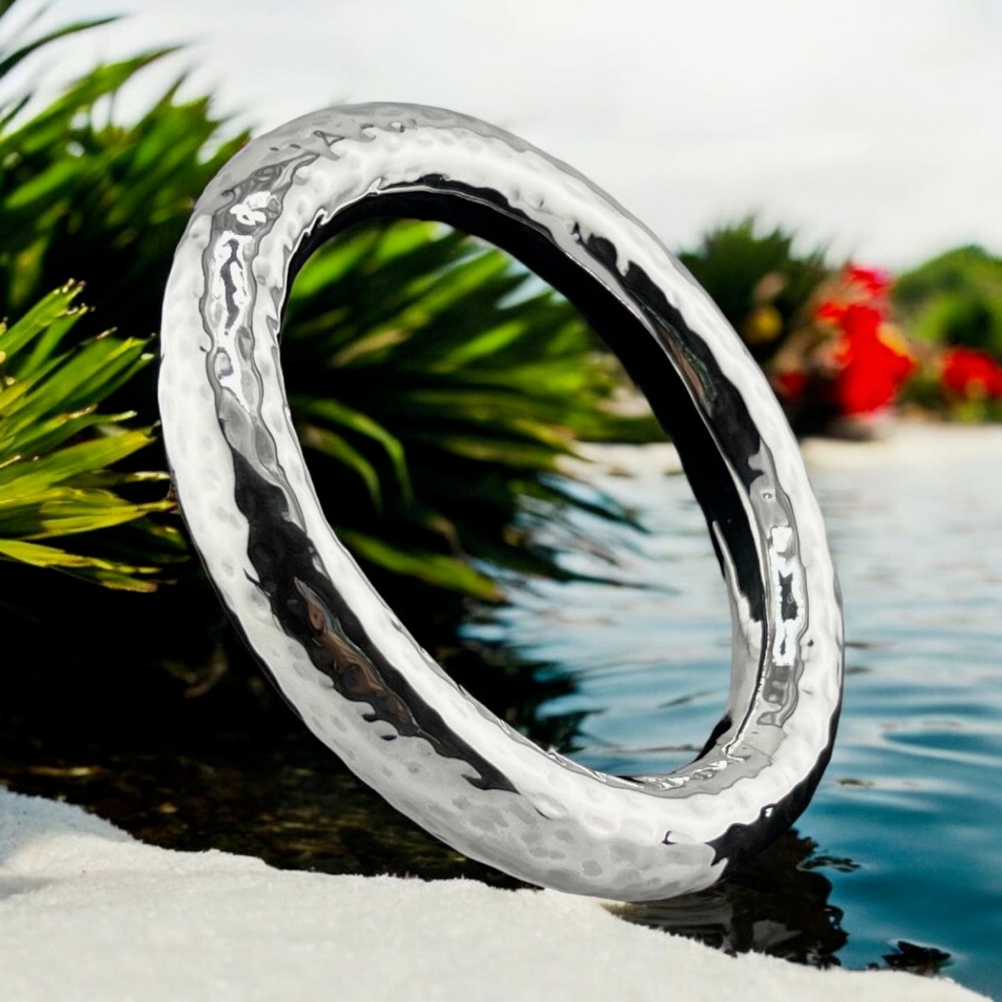 Sterling Silver .925 Bangle Bracelet 80mmx10mm Round Hammered
