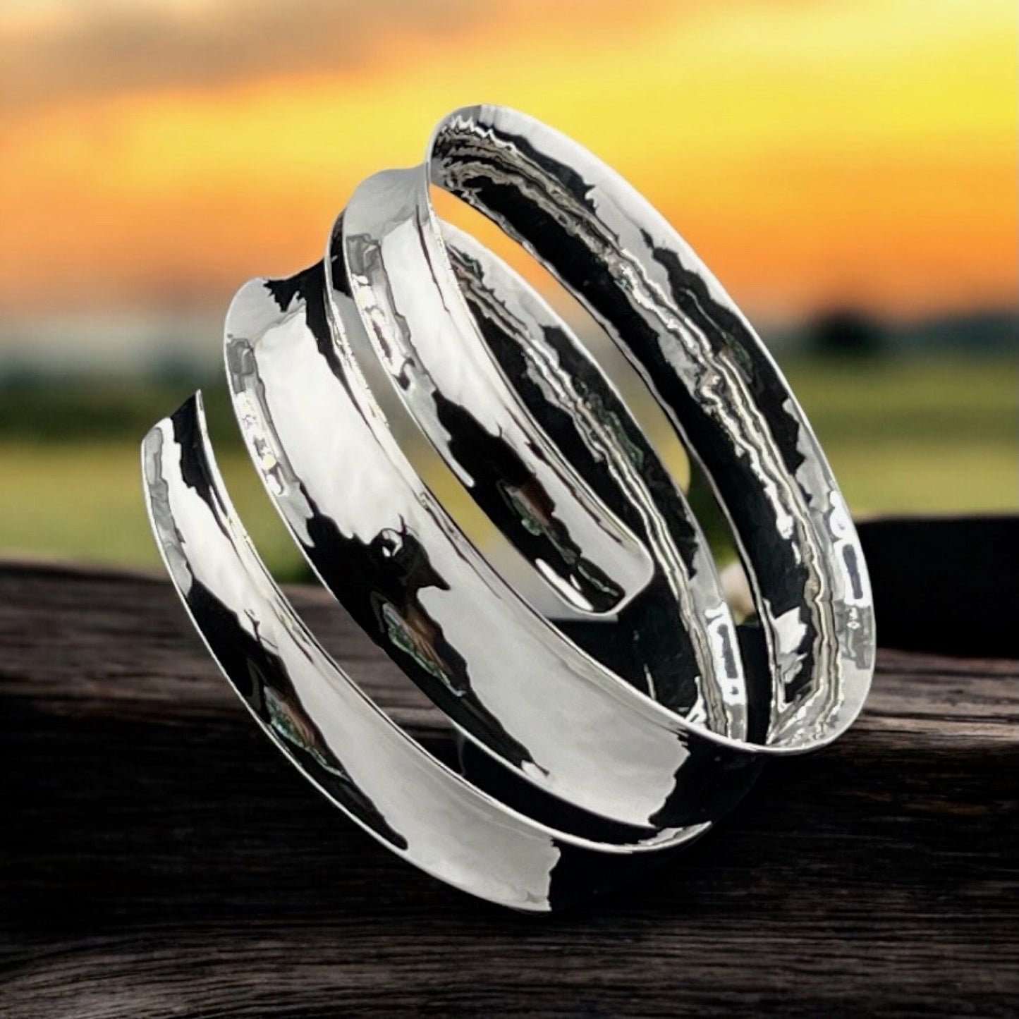 Sterling Silver .925 Bangle Bracelet 65mmx35mm Cupped with 3 Windings