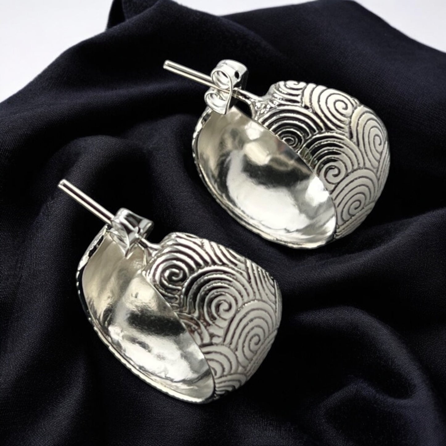 Sterling Silver .925 HOOP Post Earrings 20mmx13mm Circular Patterns