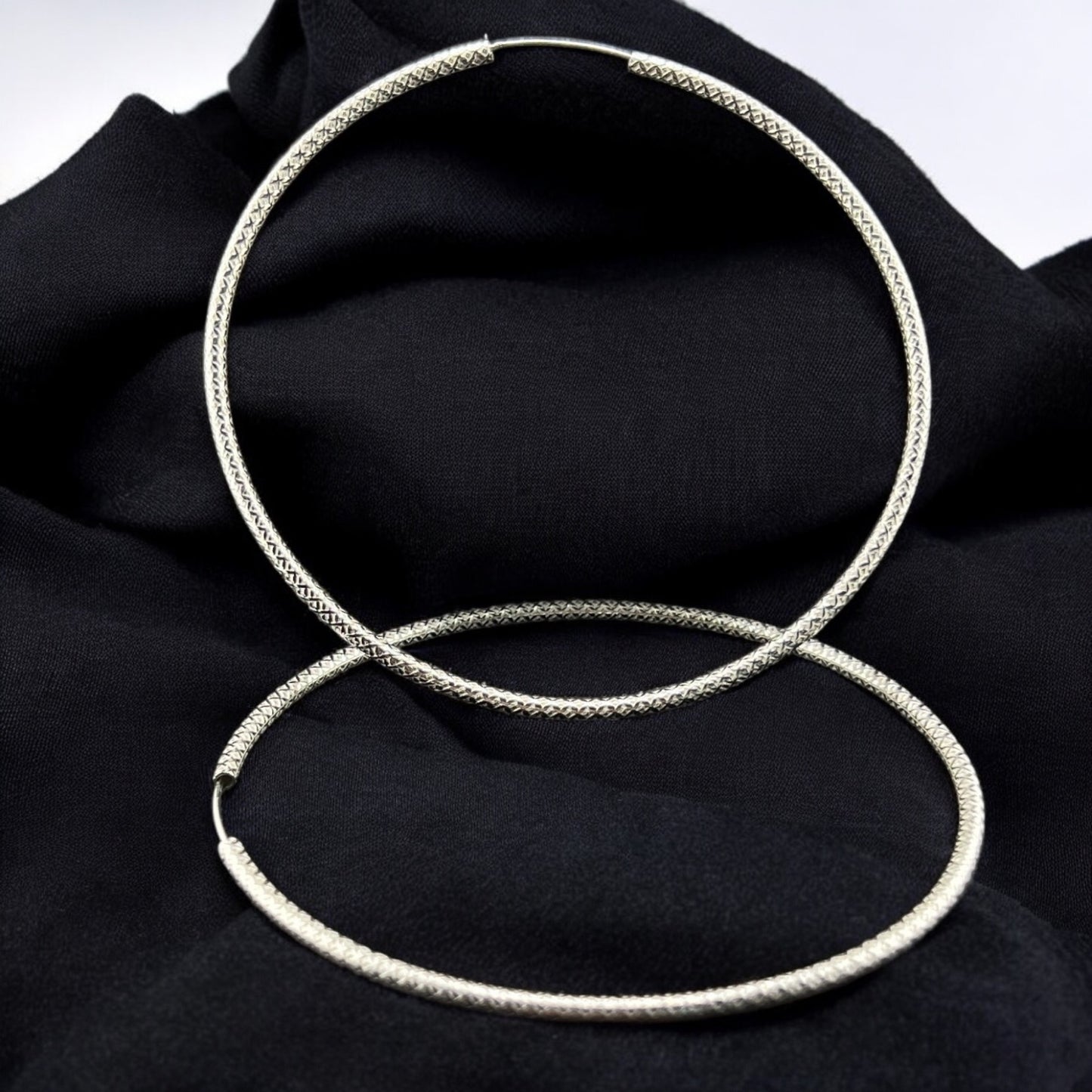 Sterling Silver .925 HOOP Endless Earrings 75mmx2mm Diamond Pattern