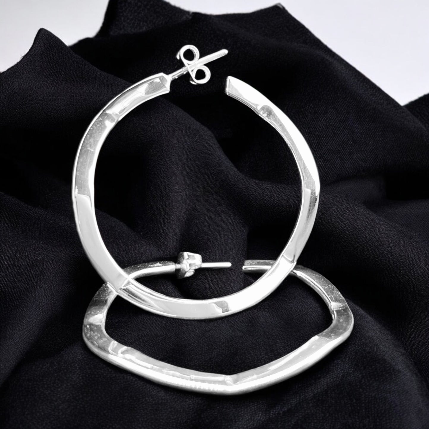 Sterling Silver .925 HOOP POST Earrings 38mmx40mm Undulating
