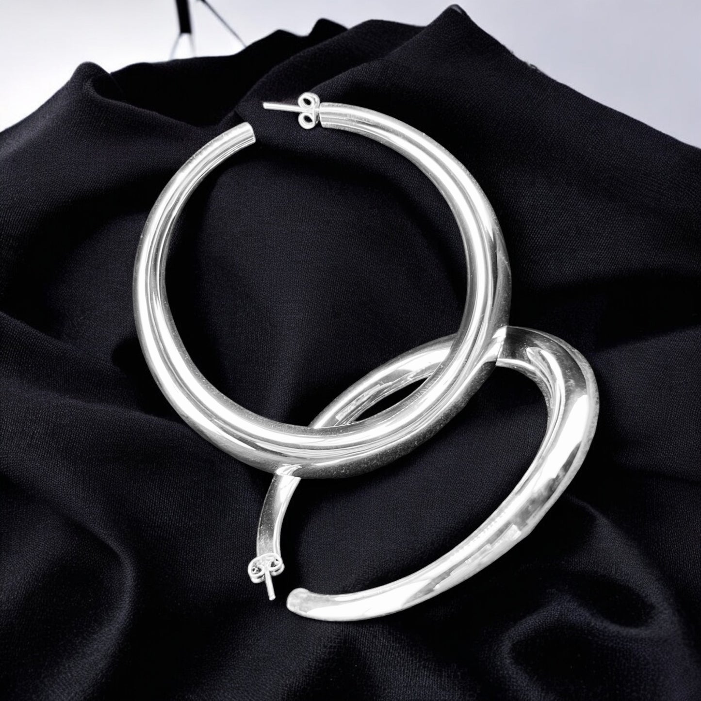 Sterling Silver .925 HOOP POST Earrings 70mm Hollow Back Round Front