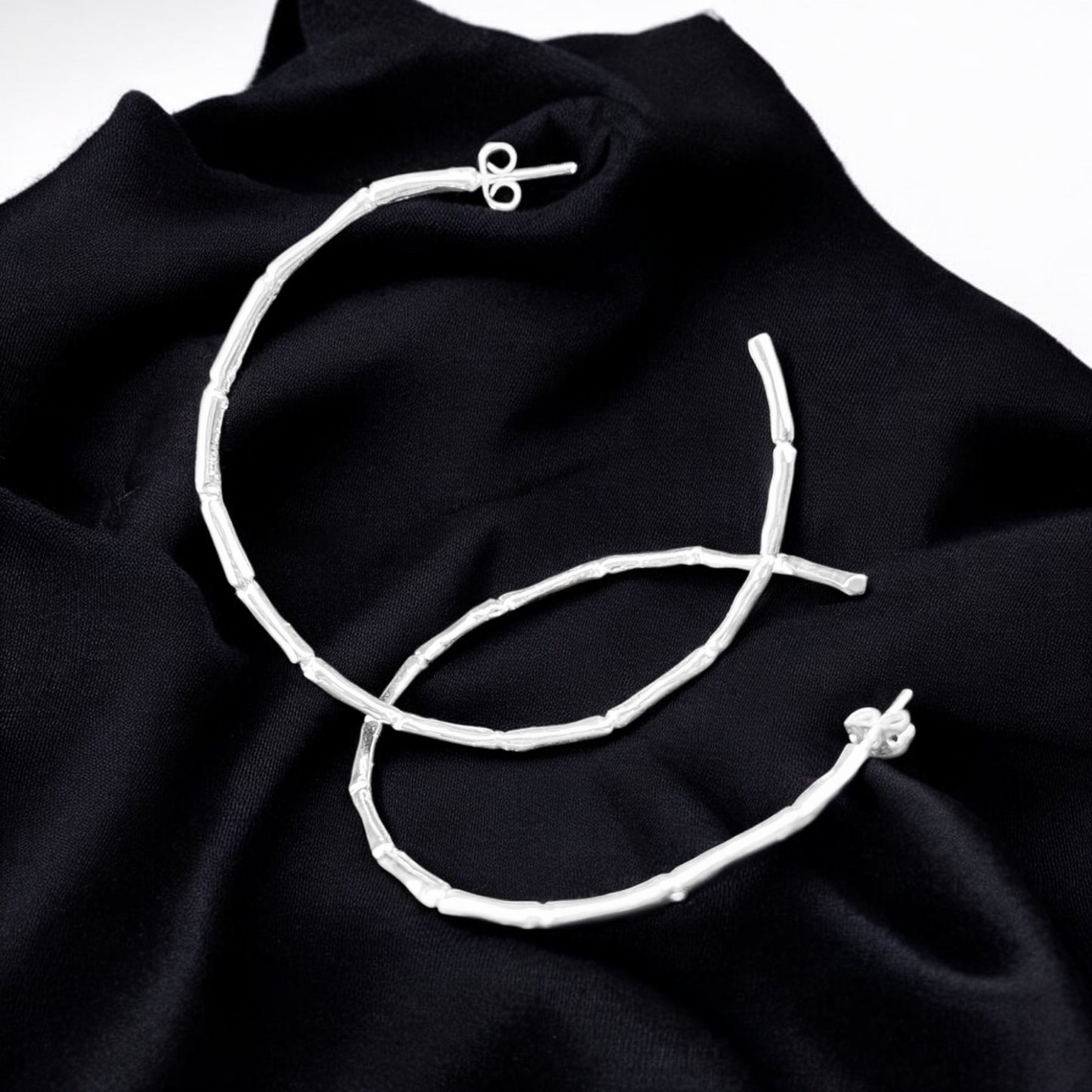 Sterling Silver .925 HOOP POST Earrings 57mm Bamboo