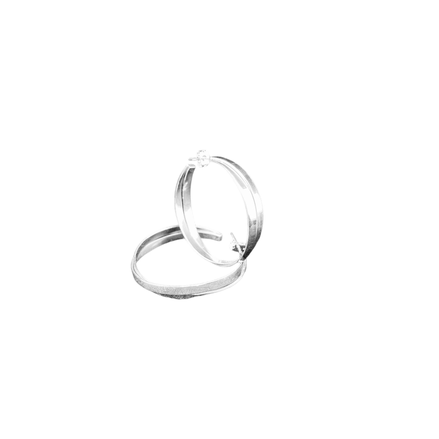 Sterling Silver .925 HOOP POST Earrings 42mm 2 Flat elements cross in middle