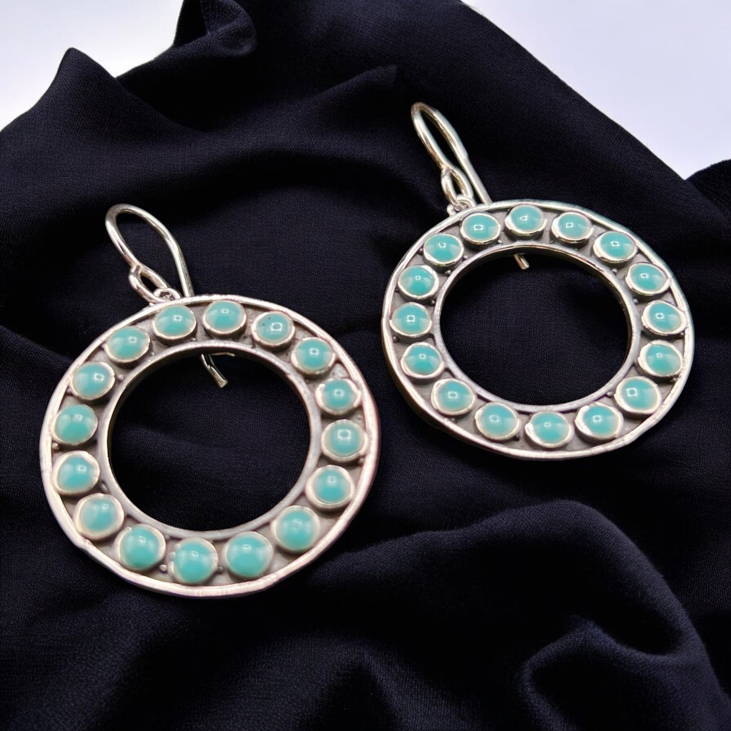 Sterling Silver .925 HOOP HOOK Earrings 25mmx3mm Round with round Turquoise