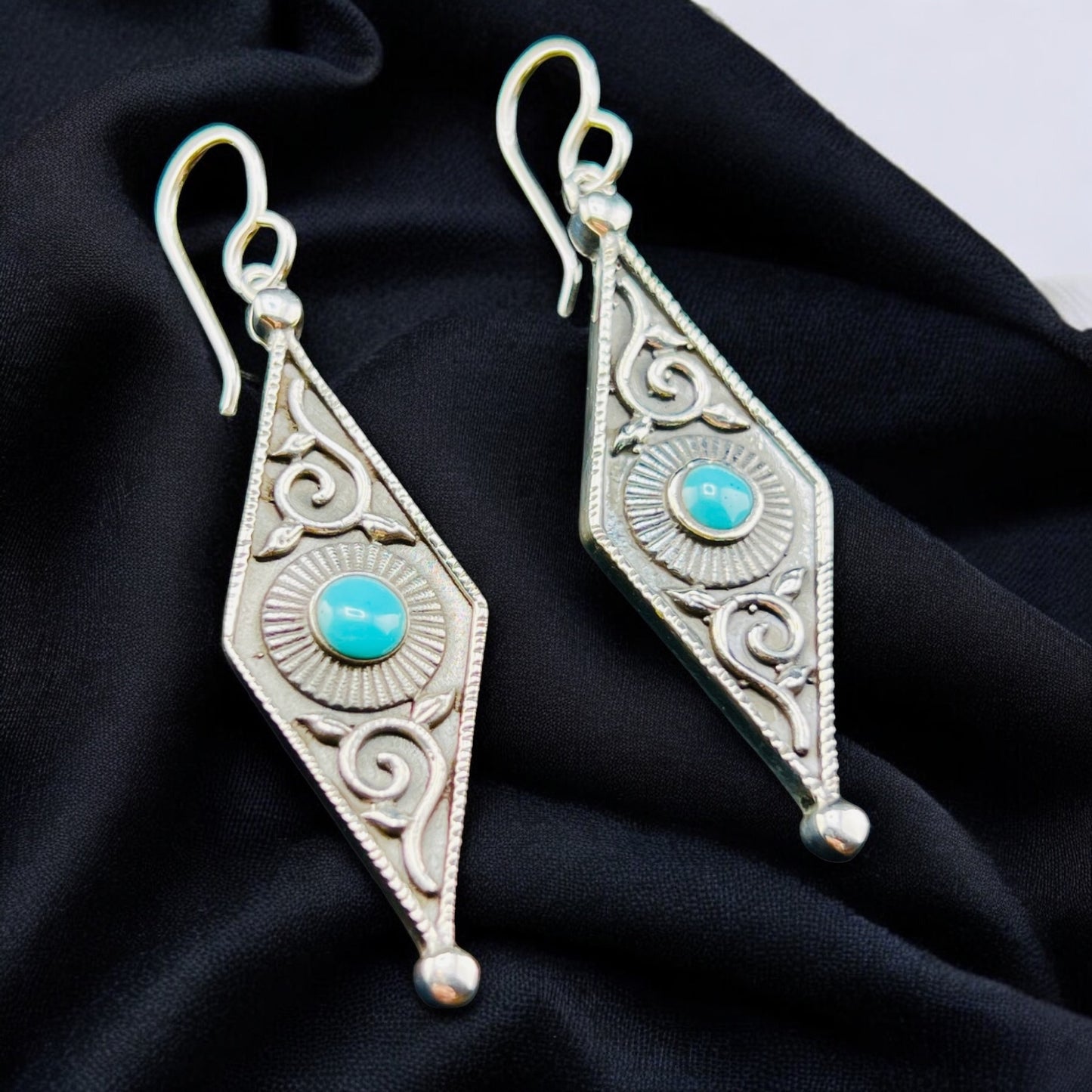 Sterling Silver .925 HOOP HOOK Earrings 15mmx45mm Diamond Shape with Turquoise