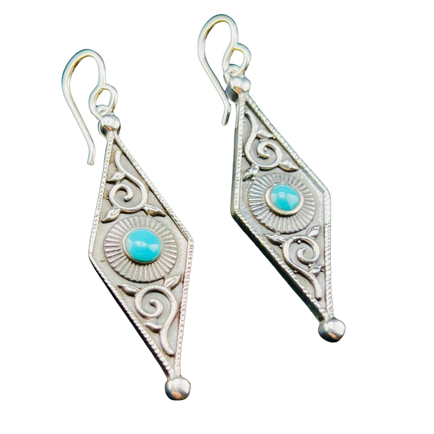 Sterling Silver .925 HOOP HOOK Earrings 15mmx45mm Diamond Shape with Turquoise
