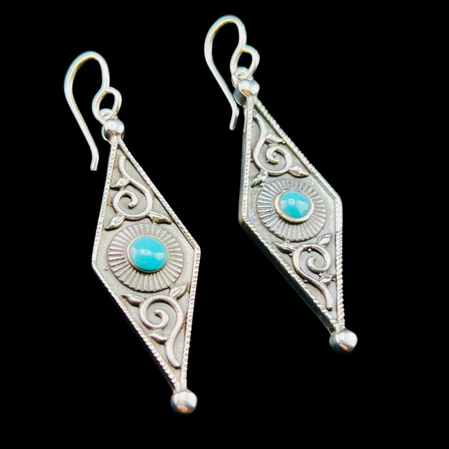 Sterling Silver .925 HOOP HOOK Earrings 15mmx45mm Diamond Shape with Turquoise