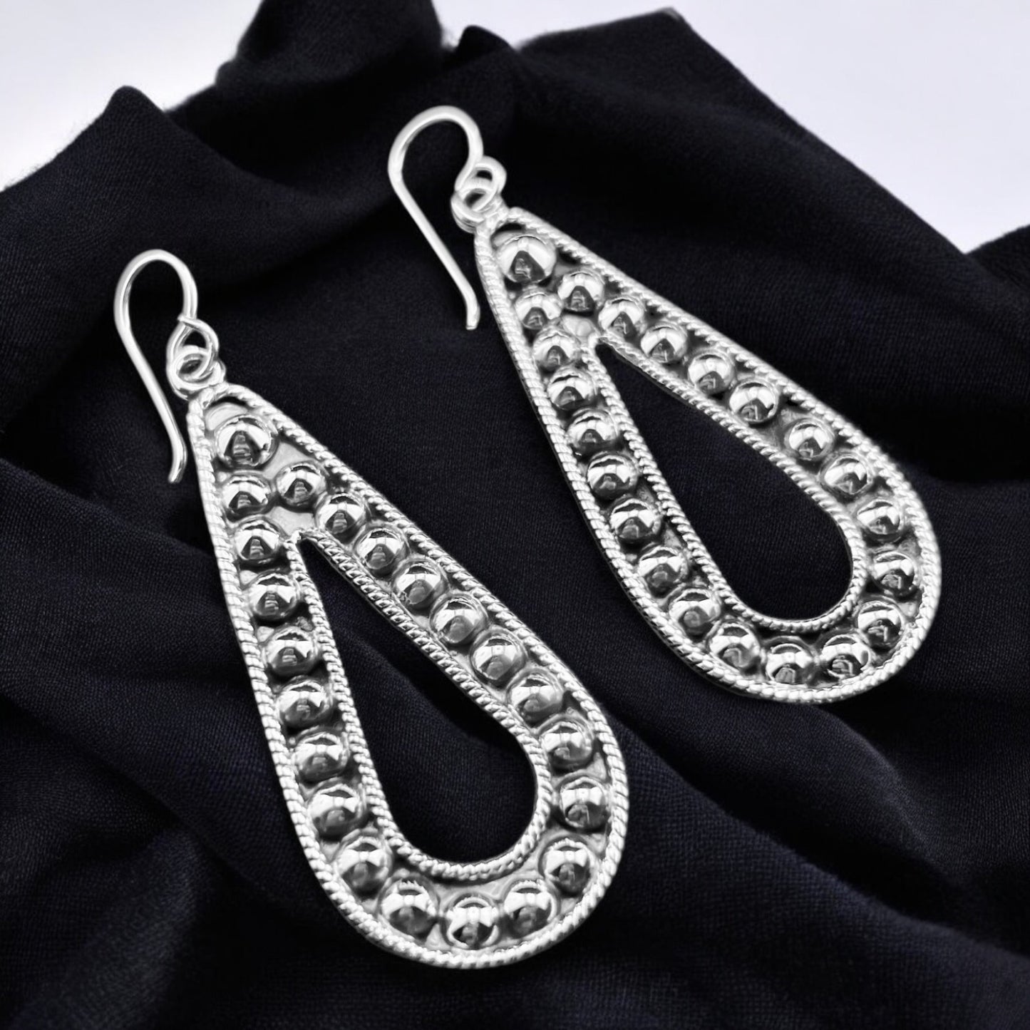 Sterling Silver .925 HOOP HOOK Earrings 21mmx50mmx3mm Teardrop Bollitos