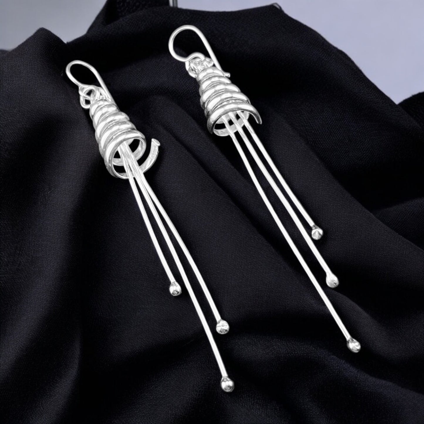 Sterling Silver .925 HOOK Earrings 10mmx90mm Wire Cone with Three Dangles