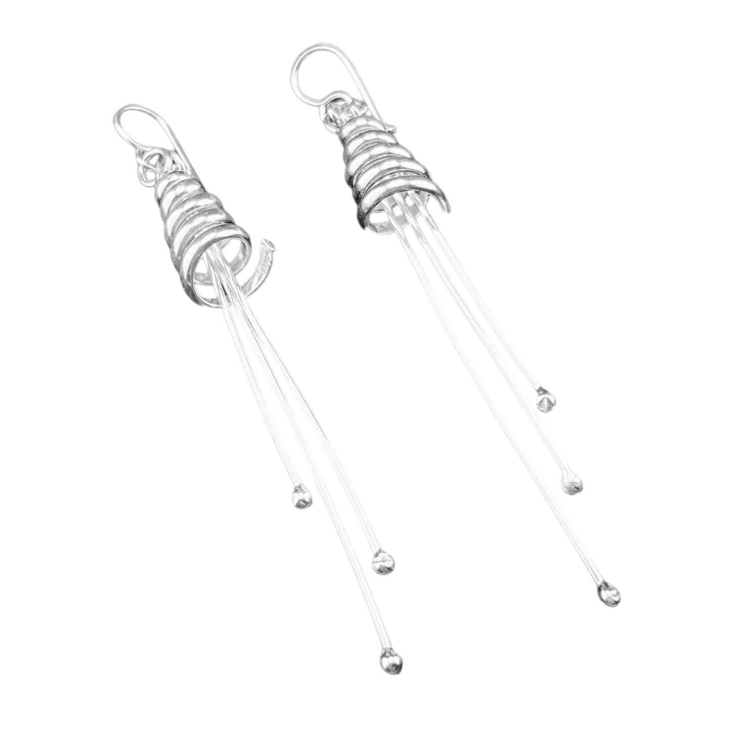 Sterling Silver .925 HOOK Earrings 10mmx90mm Wire Cone with Three Dangles