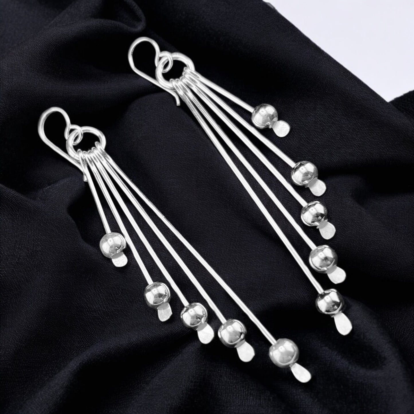 Sterling Silver .925 HOOK Earrings 10mmx60mm 3 dangles with Balls