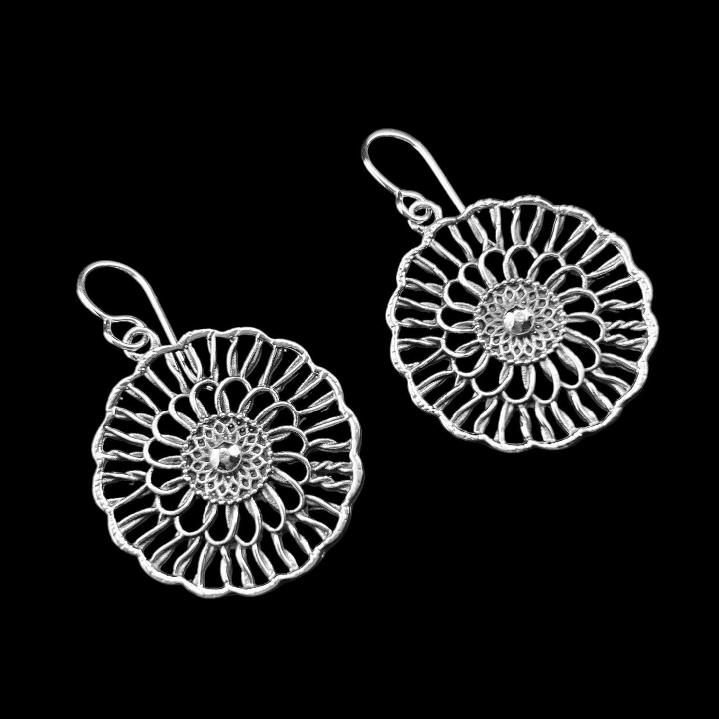 Sterling Silver .925 HOOK Earrings 28mm Floral