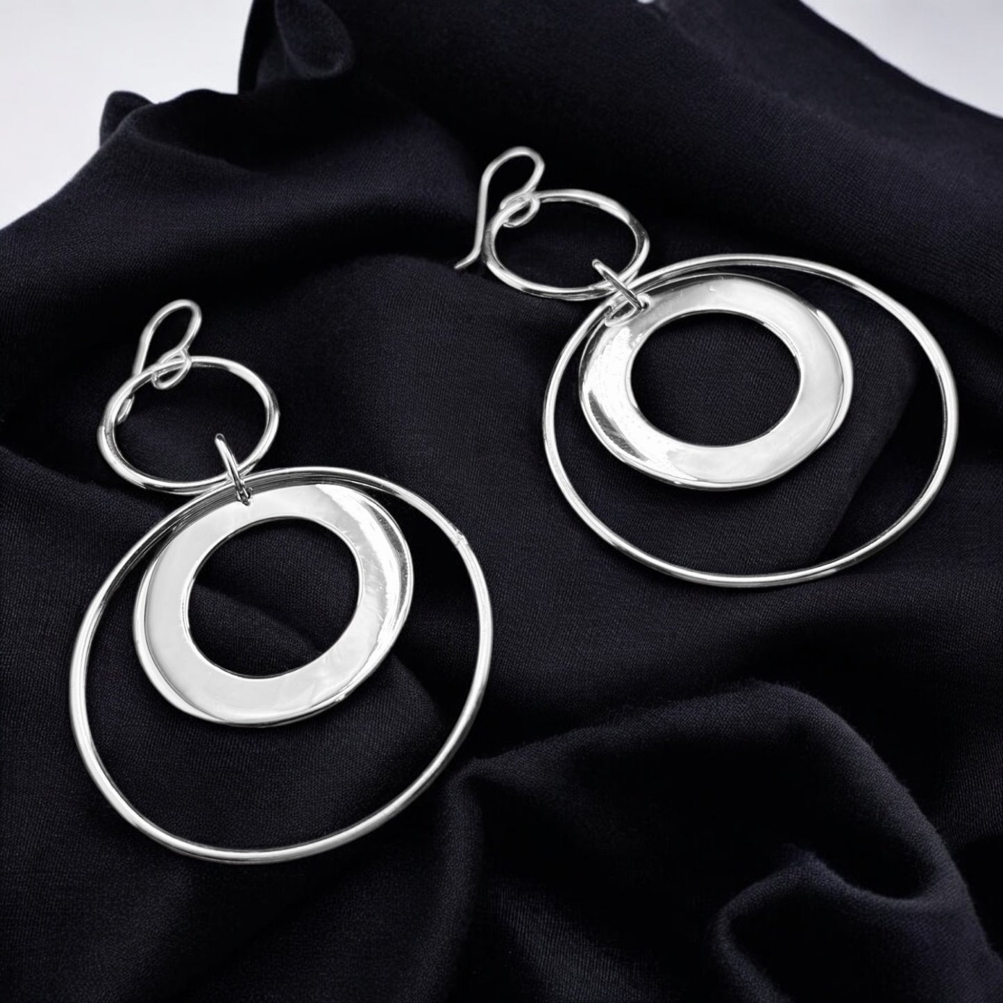 Sterling Silver .925 HOOK Earrings 41mmx65mm Circle in Circle