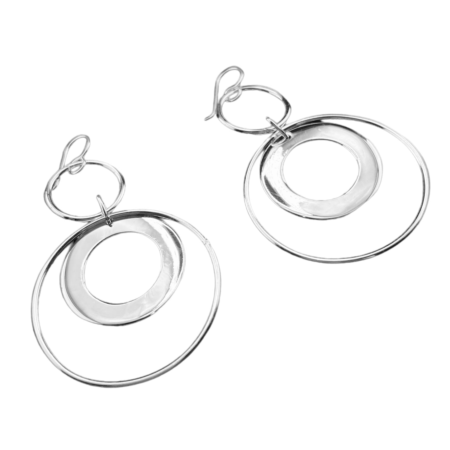 Sterling Silver .925 HOOK Earrings 41mmx65mm Circle in Circle