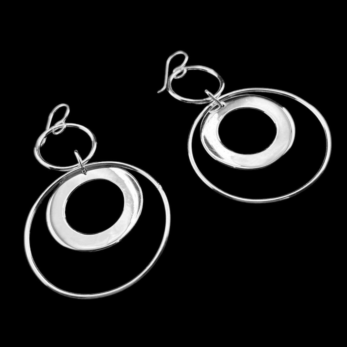 Sterling Silver .925 HOOK Earrings 41mmx65mm Circle in Circle