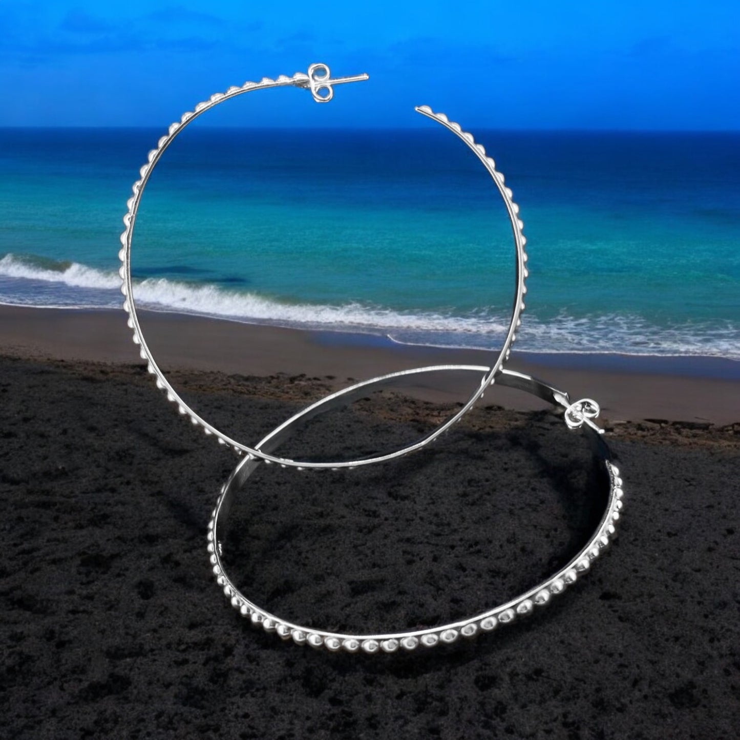 Sterling Silver .925 HOOP POST Earrings 70mmx3mm Bolitas