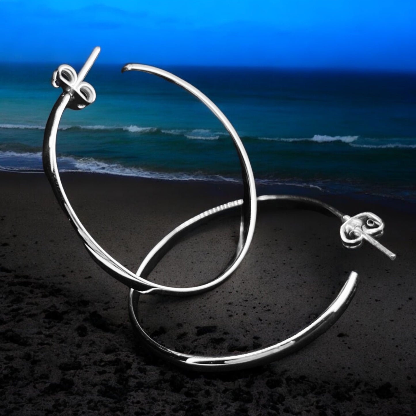 Sterling Silver .925 POST HOOP Earrings 35mmx3mm Smooth Rounded