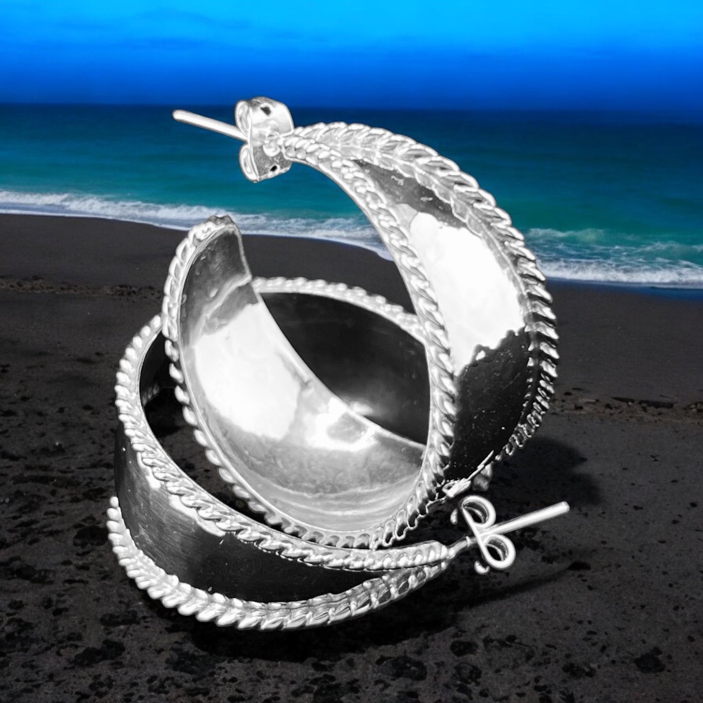 Sterling Silver .925 POST HOOP Earrings 32mmx15mm Hammered with rope flanks