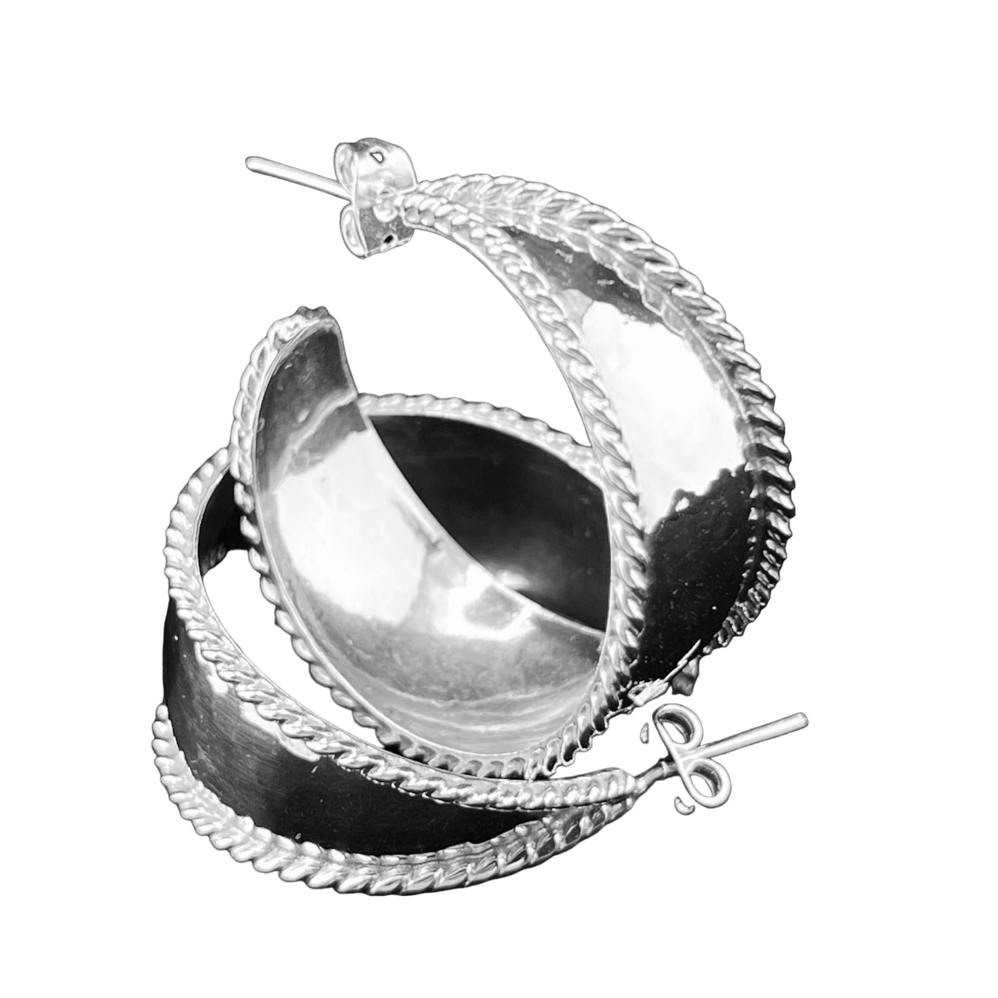 Sterling Silver .925 POST HOOP Earrings 32mmx15mm Hammered with rope flanks