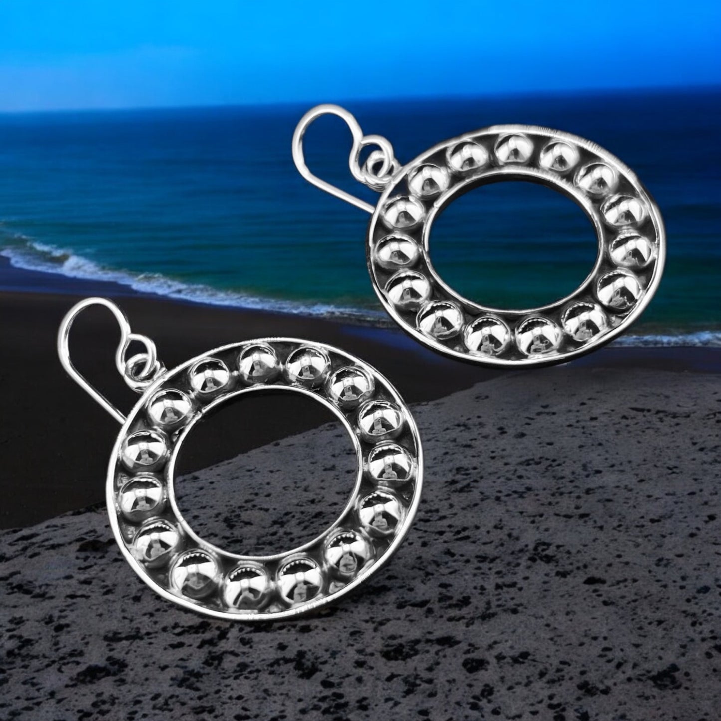 Sterling Silver .925 HOOK HOOP Earrings 30mmx3mm Circles with Balls