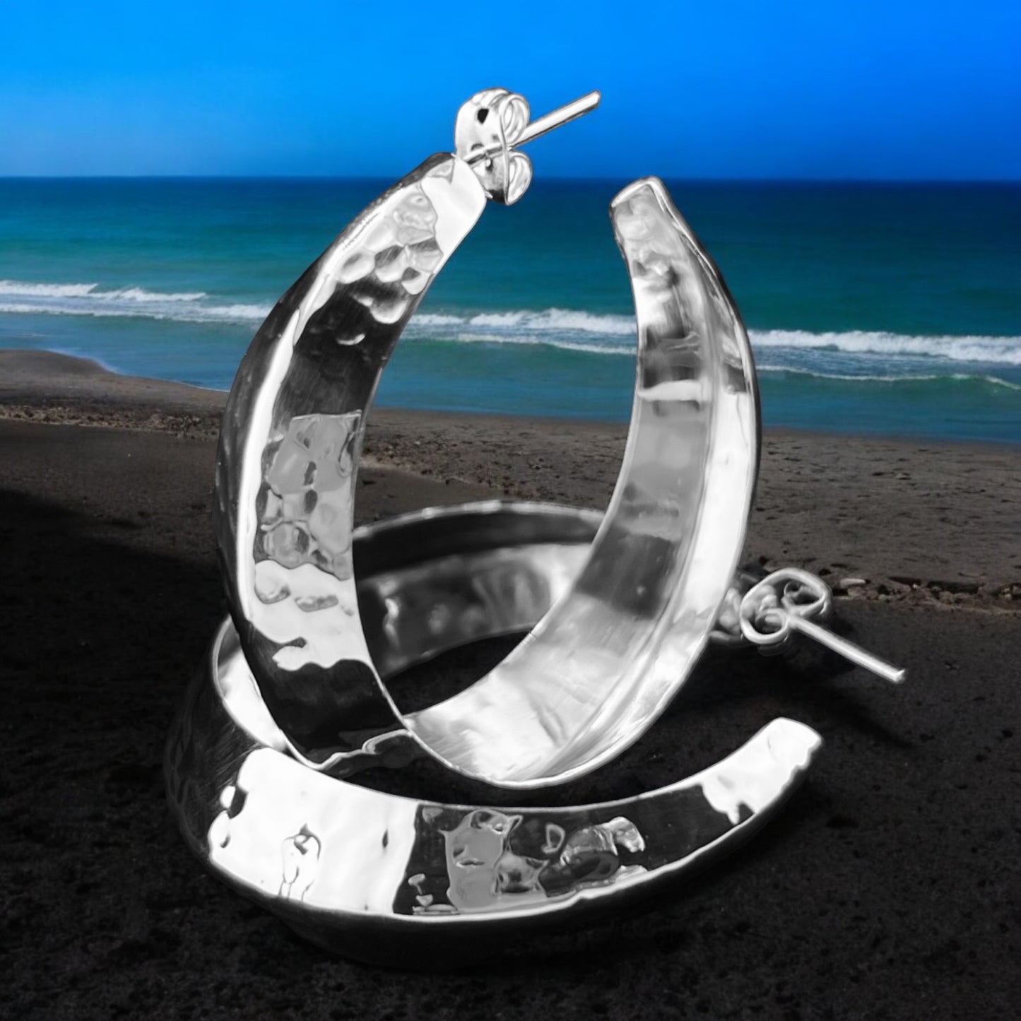 Sterling Silver .925 HOOP POST Earrings 45mmx10mm Hammered